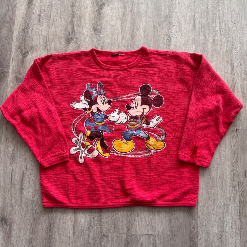 Vintage Disney Mickey Minnie Mouse Red Textured Sweatshirt Distressed Large